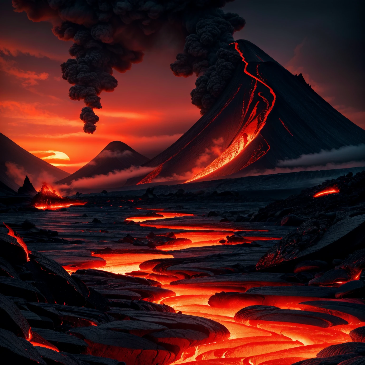 Role-playing game (RPG) style fantasy black craggy mountains, lava, red theme, setting sun, cloudy sky, <lora:firelap:0.8>, elementalplanefire, <lora:more_details:0.6>, high quality, highres, masterpiece, best quality, 8k, intricate, detailed, <lora:add_detail:0.6>, very detailed . Detailed, vibrant, immersive, reminiscent of high fantasy RPG games