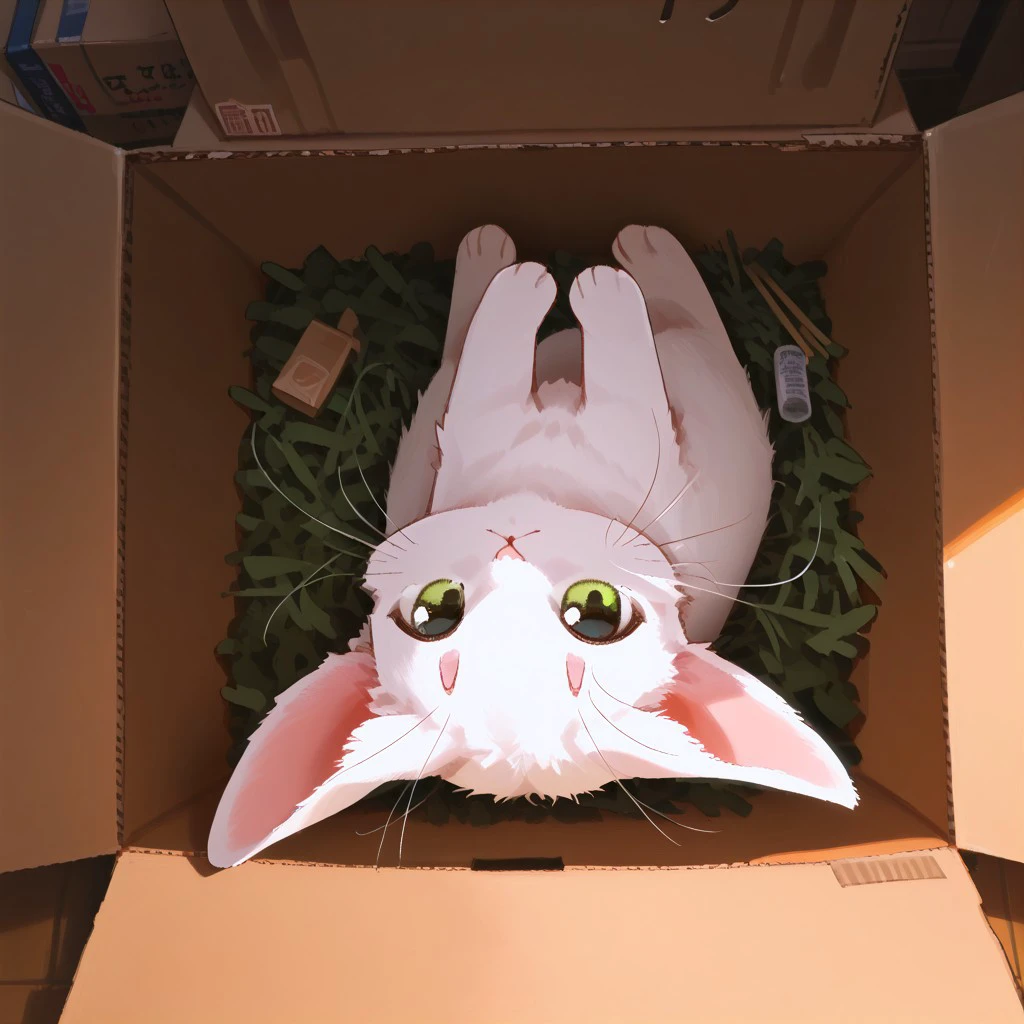 watashigu, animal, animal focus, cardboard box, rabbit, from above, full body, green eyes, indoors, looking at viewer, lying, no humans, solo, whiskers, score_9, score_8_up, score_7_up