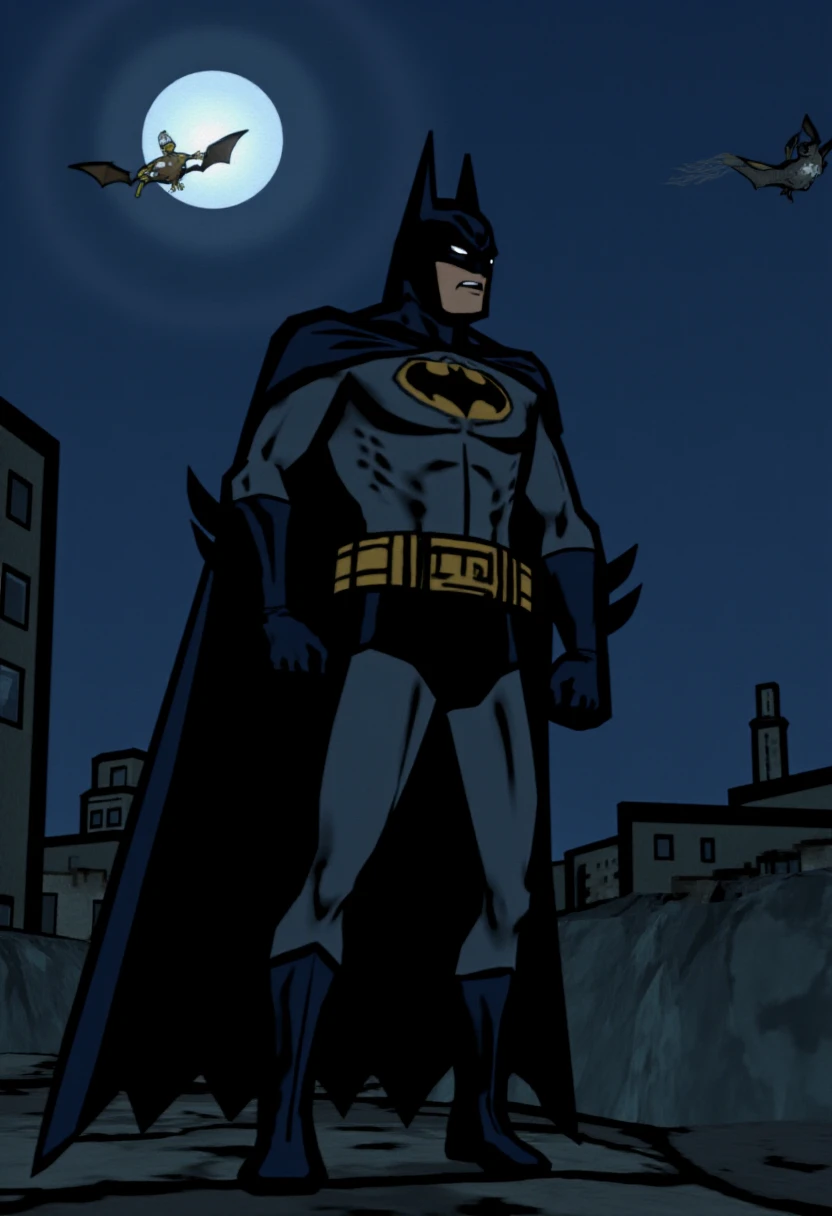 okamistyle, Batman standing menacingly at night as the bat signal lights up the sky.  