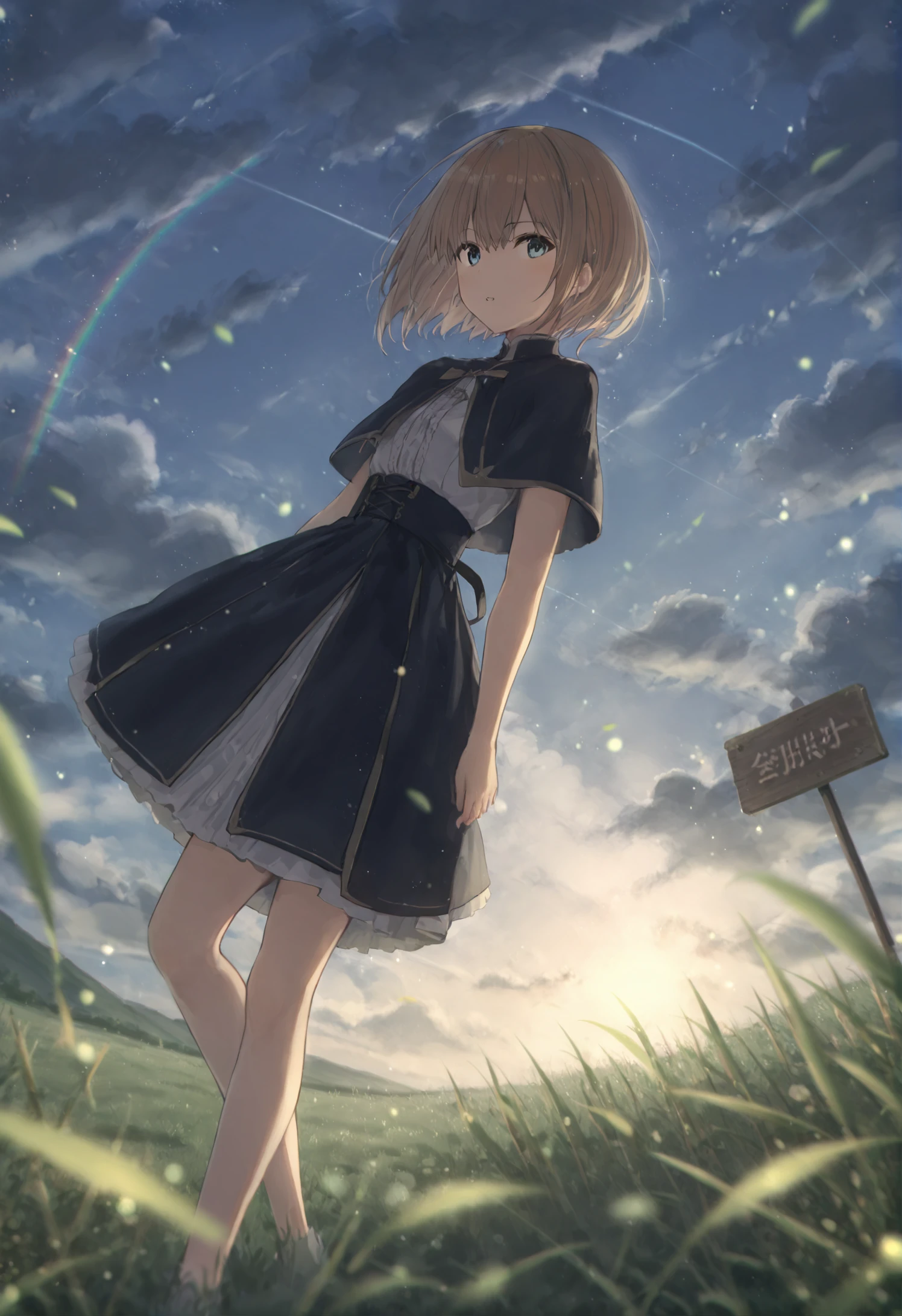 masterpiece, best quality, 1girl, solo, scenery, grass, sky, outdoors, cloud, short hair, dress, standing, dutch angle, light particles, sign, cloudy sky, blue sky, capelet 
 <lora:hidulmeXLlokr4f-000178:0.95>