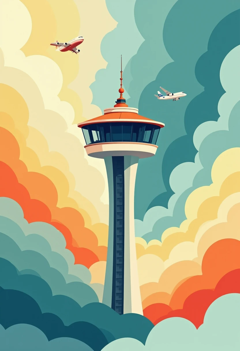 imagine an abstract poster style image of a air traffic control tower