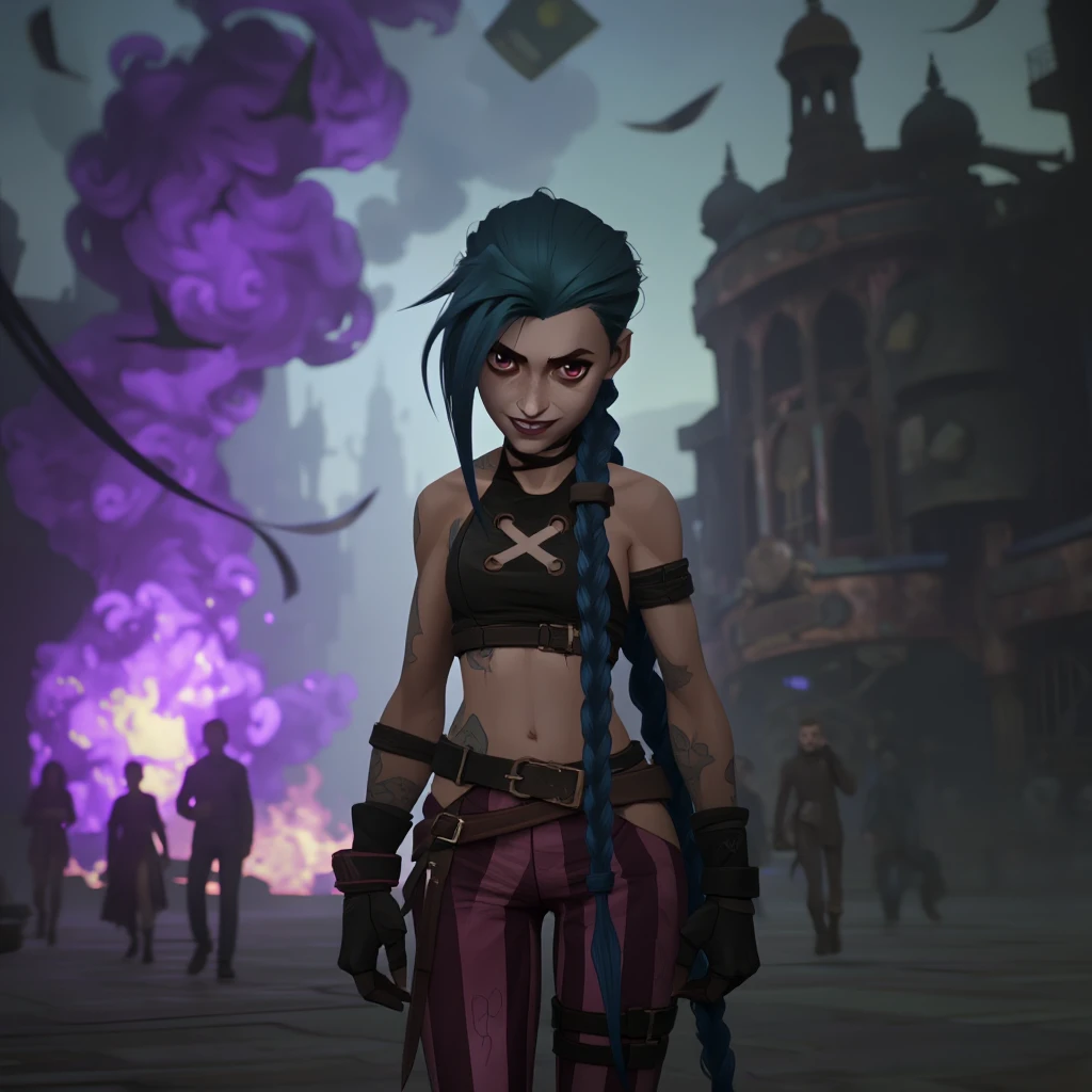 Jinx standing in the square of a steampunk city, grinning evilly at the camera.  A building explodes in purple flames in the background, and people are running, papers flying everywhere.  Her blue bangs frame her face, and her long blue braids trail in the wind.  She wears a black crop top with an 'x' on it ending in a choker, and pink and purple striped pants.