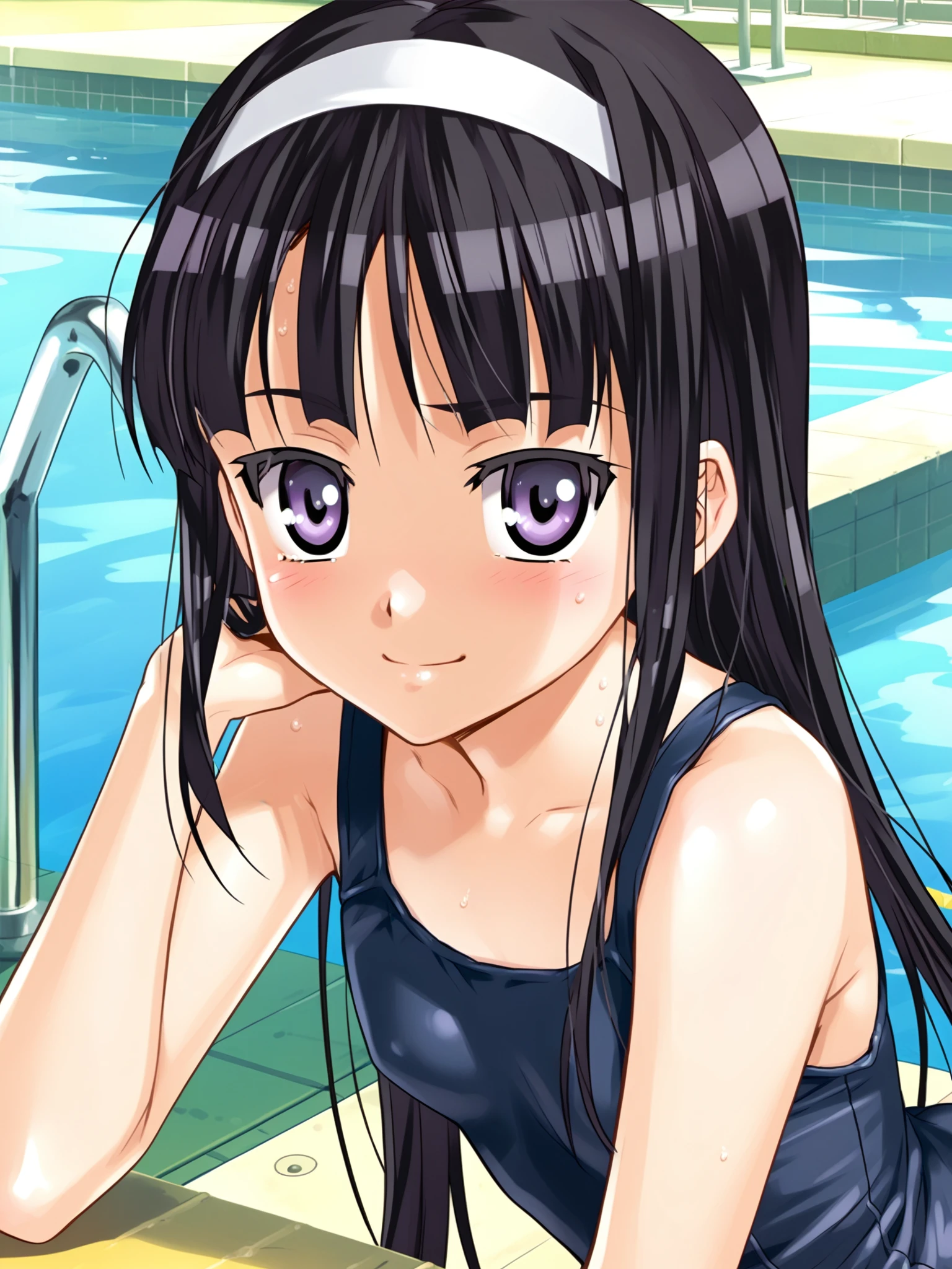 <lora:happy_tentacle-midori-v0.1-000040:0.9>, ht_midori, school swimsuit, one-piece swimsuit, pool , 1girl, solo, upper body , wide-eyed , ( smile :1.1), , looking at viewer , bent over, downblouse , facing viewer , score_9, score_8_up, score_7_up, score_6_up, score_5_up, score_4_up