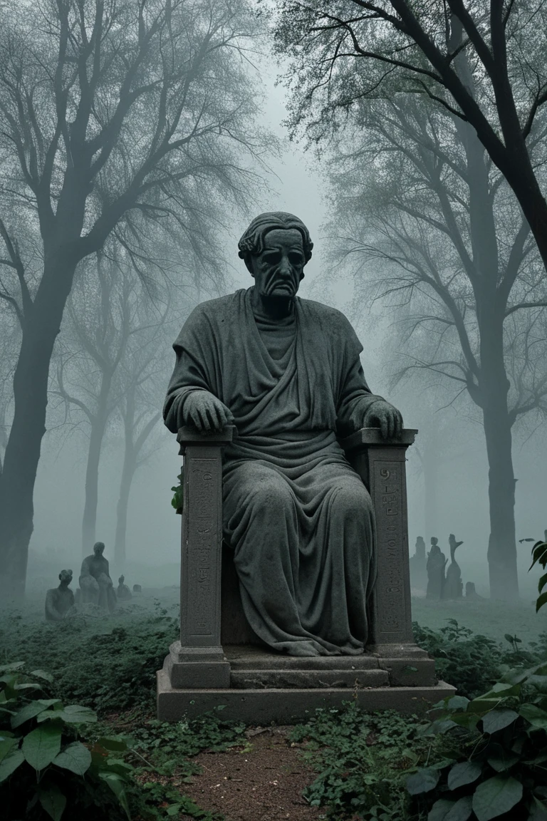 ancient gloomy statue in foliage and cobwebs from old age, gloomy dark shades and fog