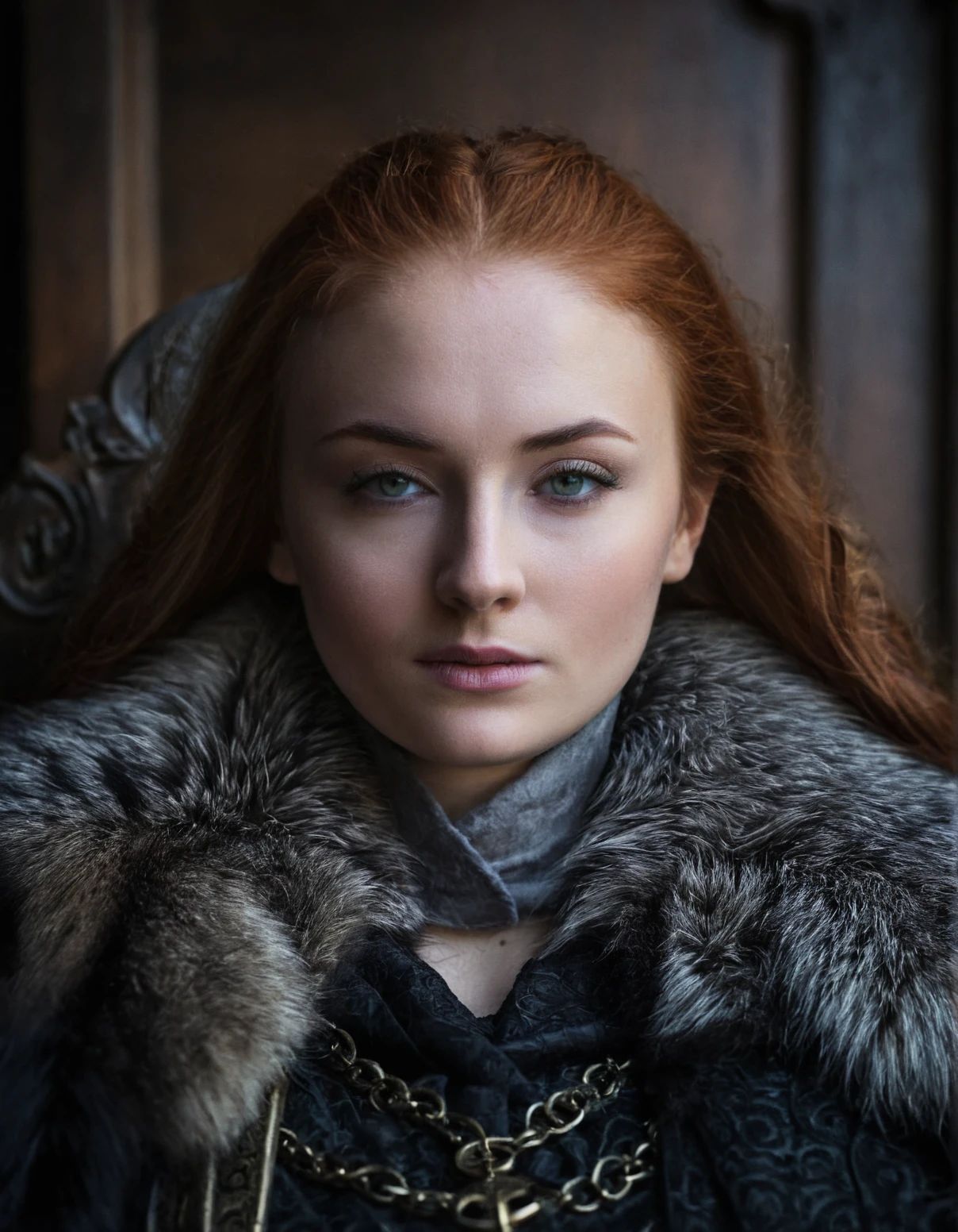 <lora:SansaStark_SDXL_V1.2:1>,.SansaStark,hair over one eye,close up,sitting on a wooden throne,long ginger hair,look at viewer,fur scarf,in a castle,portrait,, low key photography, dramatic lighting, deep shadows, rich contrast, moody atmosphere, intense emotions, cinematic feel, mysterious ambiance, emphasizing shape and form, creating depth, evoking drama, storytelling through shadows, professional technique