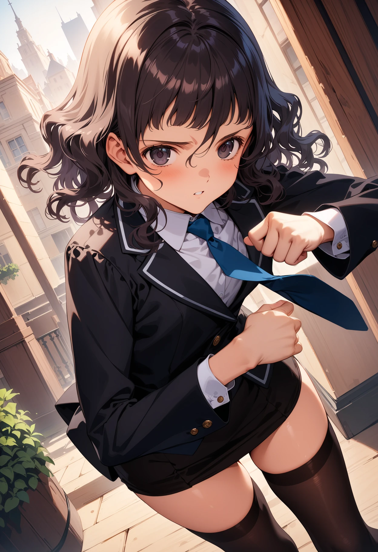 masterpiece,best quality,very aesthetic,absurdres,intricate details,1girl,
<lora:thouka_v1:1>,thouka,black eyes,hair between eyes,necktie,blouse,pencil_skirt,black_thighhighs,loafers,
<lora:Fixhands_anime_bdsqlsz_V1:1>,light_blush,cinematic_angle,looking_at_viewer,city,fighting_stance,, masterpiece,best quality, very aesthetic, absurdres, ultra detailed, high resolution, 4k, extremely detailed CG,