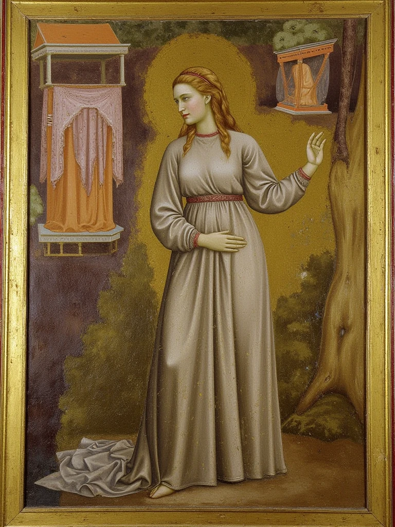 A medieval painting in the style of Giotto about a beautiful and nobile girl with elegant dress, in a garden