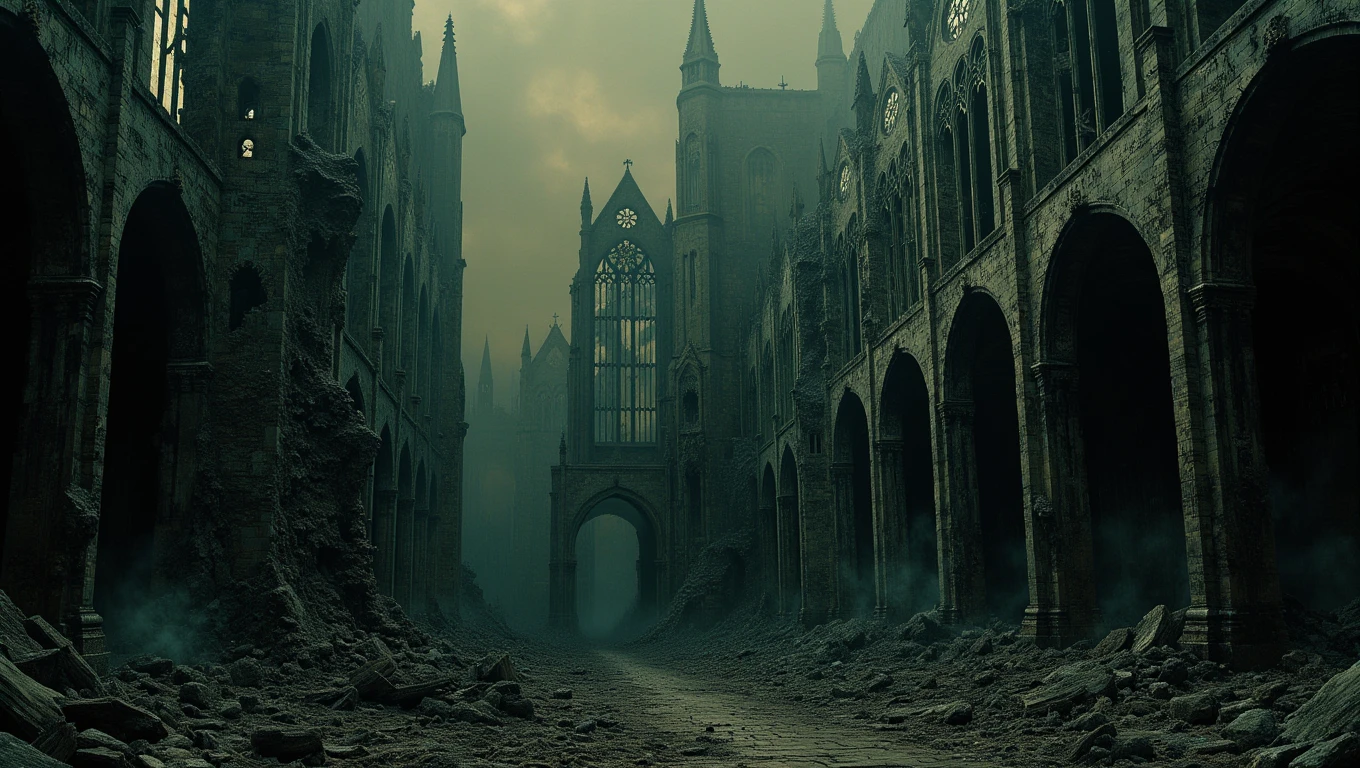 A grand cathedral now in a state of decay, its once-majestic spires crumbling and overgrown with ivy. The stained glass windows are shattered, and the interior is filled with rubble and debris. The air is cold and damp, and the smell of mildew permeates the space. The faint sound of distant chanting can be heard, as if the ghosts of the past are still holding their services
<lora:Dark_Landscapes:0.6>