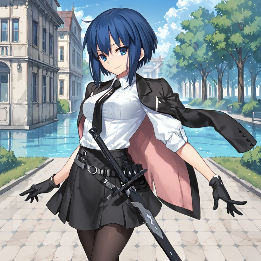 1girl, solo, ciel_sensei, blue eyes, blue hair, short hair, black jacket, black skirt, white shirt, collared shirt, pantyhose, jacket on shoulders, sword, black necktie, black gloves, smile, outdoors,
BREAK score_9, score_8_up, score_7_up, masterpiece,
<lora:ciel_summer_fgo:0.8>