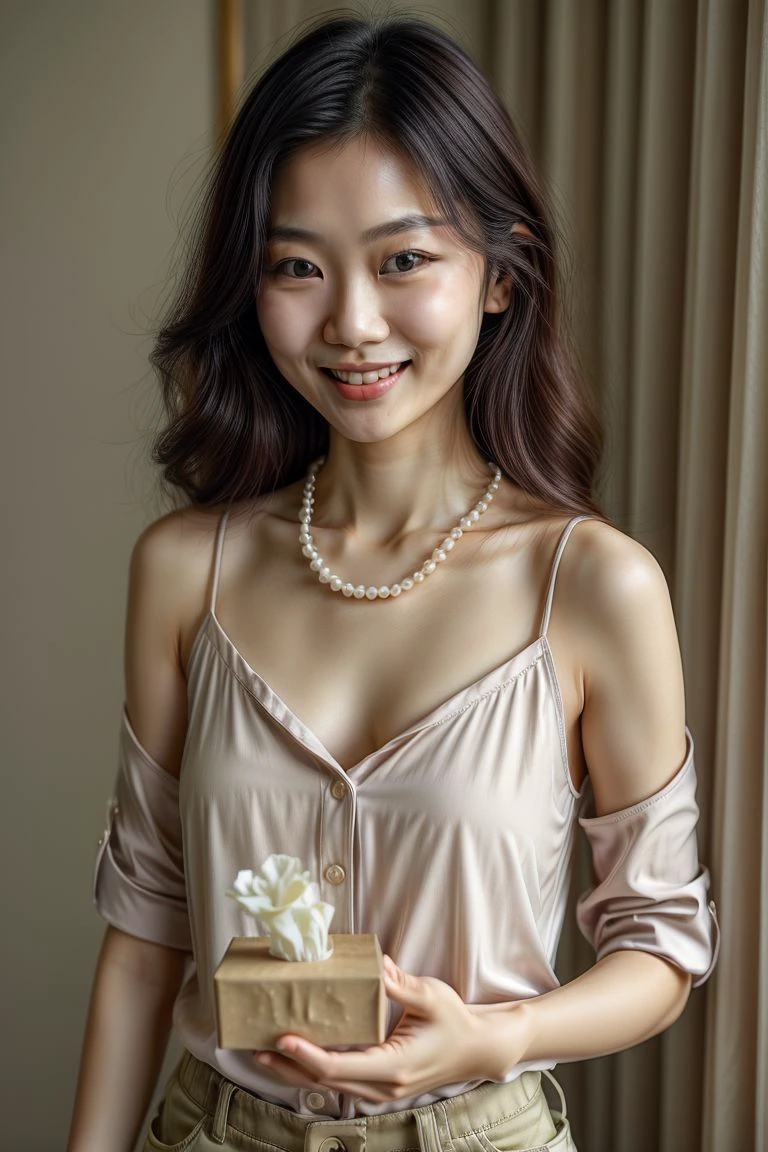 <lora:gvtsb1:0.7>, Asian woman, closeup, (shirt), pants, (gvtsb) at viewer, pearl necklace , smiling , wide shoulders, perfect face, (contact iris: 1.1), pale skin, skin pores , depth of field