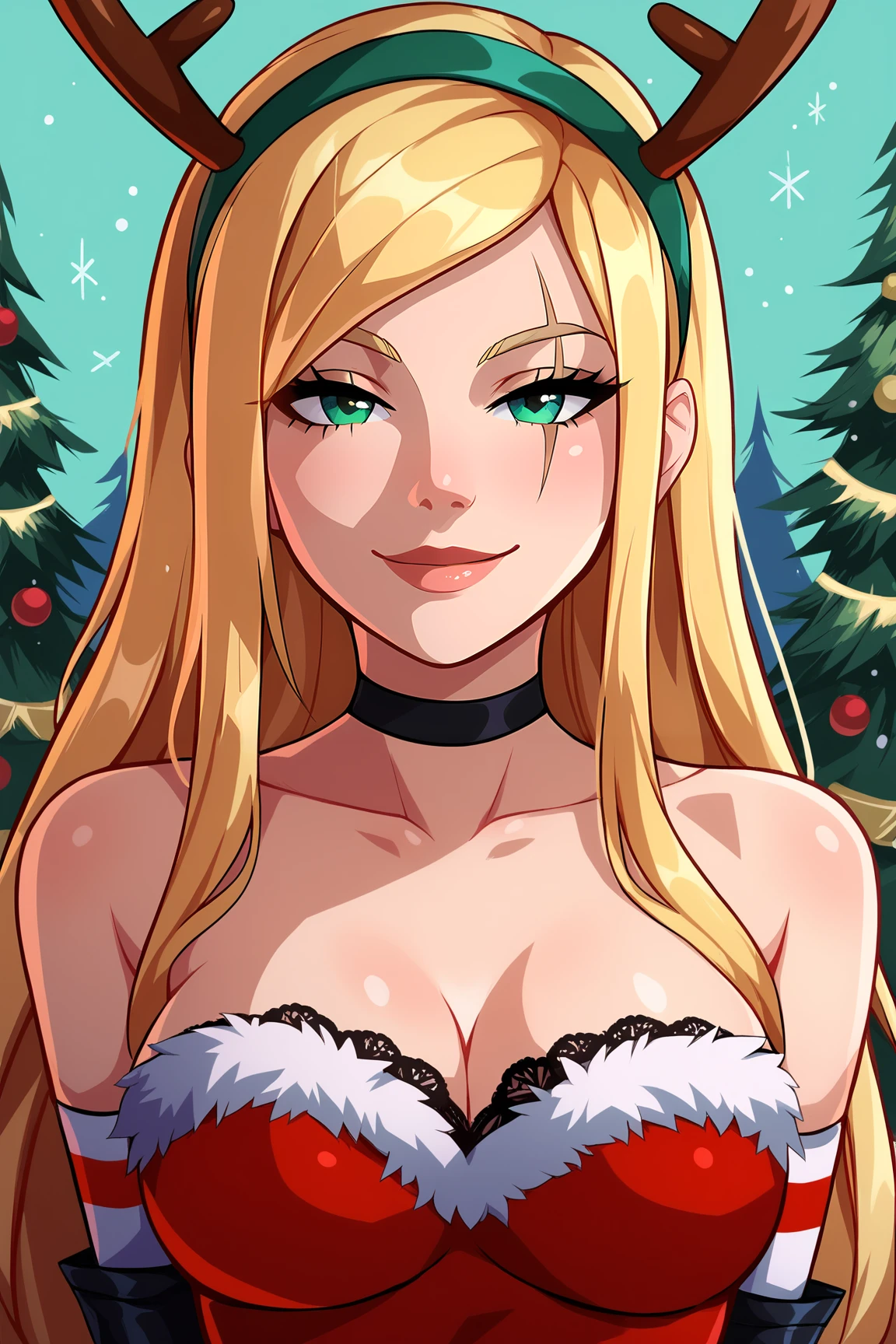 score_9, score_8_up, score_7_up, score_6_up, BREAK, KatarinaSBXL, scar on eye, green eyes, blonde hair, long hair, reindeer antlers, green hairband, black choker, medium breasts, santa costume, cleavage, fur trim, strapless dress, red dress, detached sleeves, black elbow gloves, solo, front view, (portrait, upper body), solo focus, seductive smile, looking at viewer, forest, tree <lora:KatarinaSBXL:1>