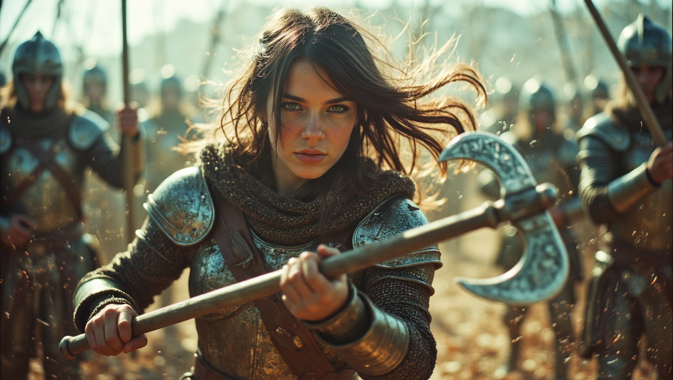 A fierce female warrior, clad in intricately designed armor, charges into battle with a determined expression. She wields a double-edged axe with expert precision, her long hair flowing behind her as she faces her enemies. The battlefield is chaotic, with clashing swords and flying arrows, but the warrior remains focused and unyielding. The style is dynamic and intense, emphasizing the warriorâs strength and the ferocity of medieval combat
<lora:Toy_Camera_Flux:0.8>