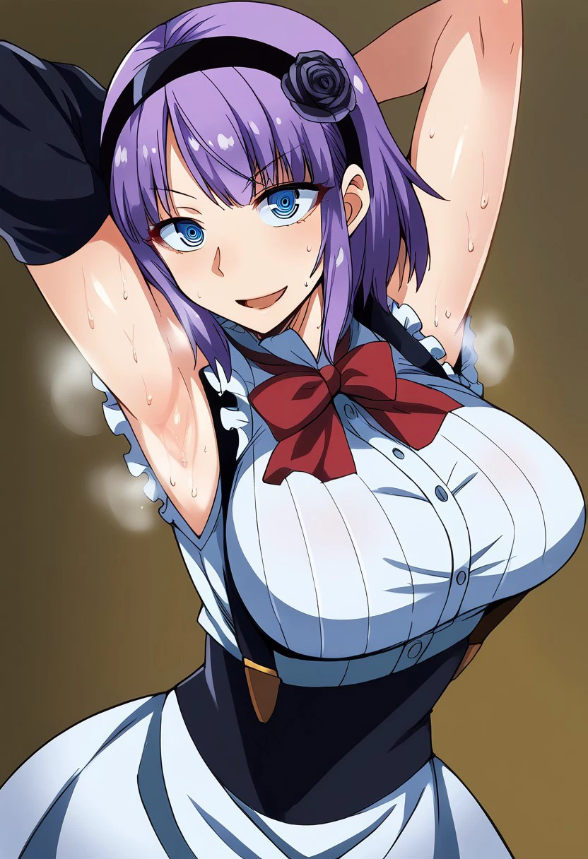 score_9, score_8_up, score_7_up, score_6_up, hotaruXL, an illustration of a girl with purple hair and blue eyes posing , 1girl, shidare hotaru, solo, suspenders, sweaty:1.8, steamy:1.8, large breasts, purple hair, armpits, black rose, hairband, sweat, smile, suspender skirt, open mouth, looking at viewer, short hair, black flower, large breasts, flower, armpit, focus armpits