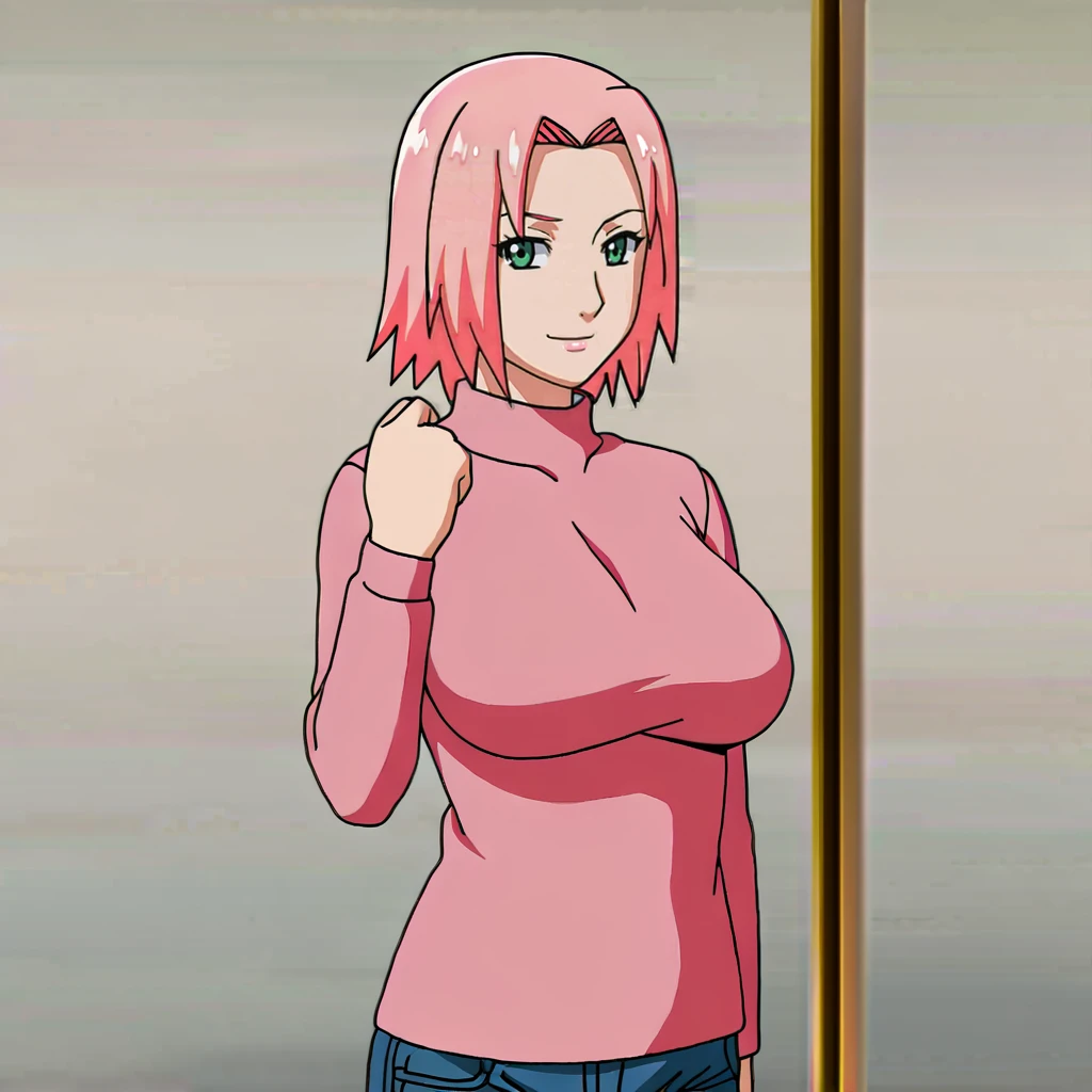 <lora:sakura_pony_v1:.7>SakuraCasualShipuuden, 1girl, pink hair,  green eyes, short hair, large breasts,  cowboy shot, sweater, jeans,