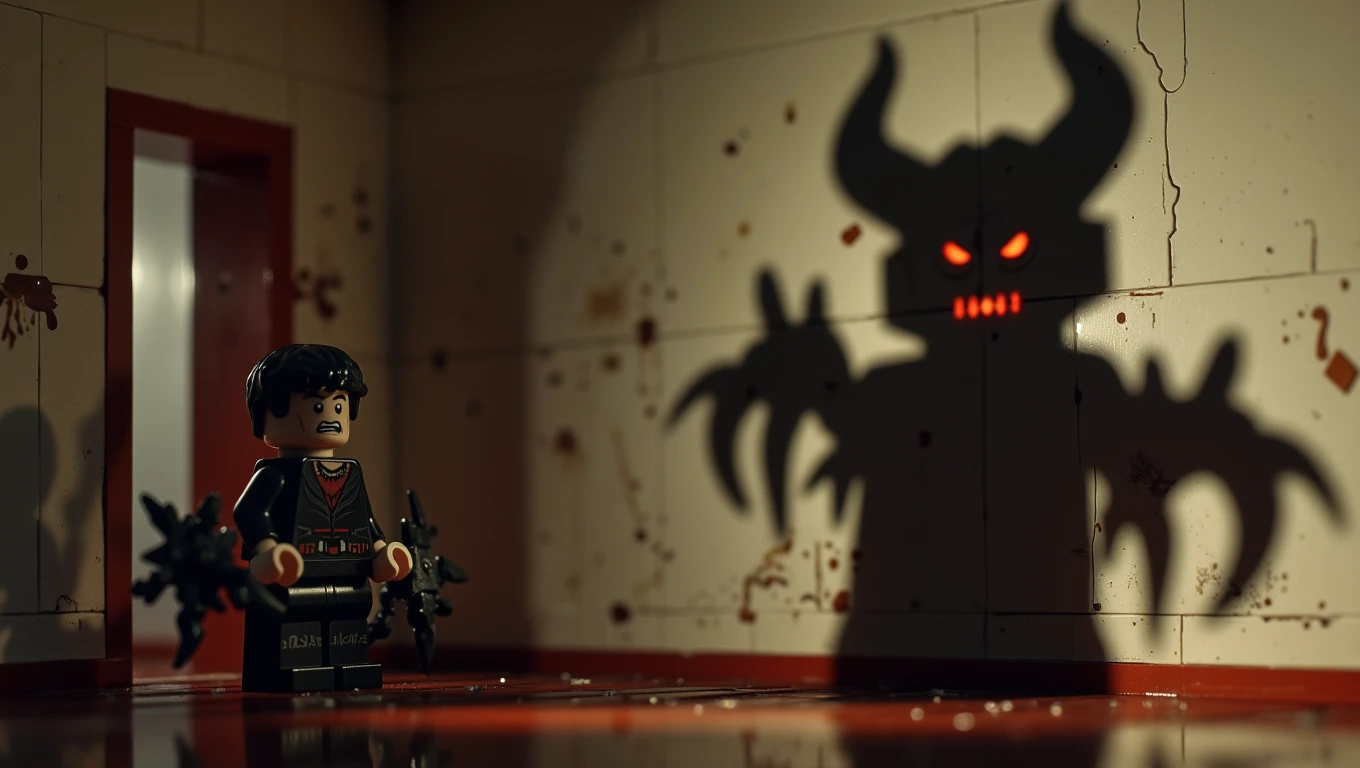 Lego. A shadow on the wall slowly morphs into the shape of a demonic figure with glowing red eyes and sharp, jagged claws. The figure appears to be tearing itself out of the wall, its body made of pure darkness and malice. The room around it is plain and unremarkable, adding to the unsettling nature of the demonic presence. The style is intense and terrifying, focusing on the creatureâs emergence from the shadow and the palpable sense of dread   <lora:Cinematic_Lego:0.6>