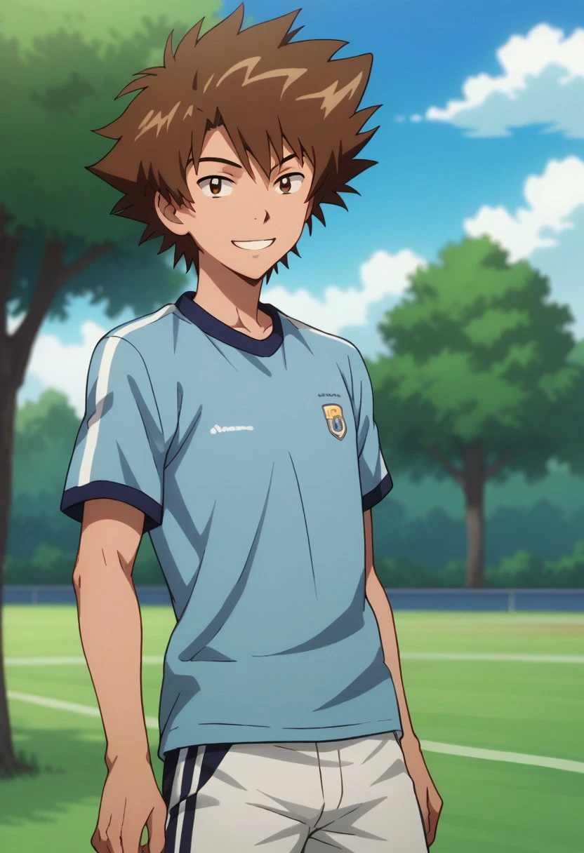 score_9, score_8_up, score_7_up, source_anime, highly detailed, 
taitri, 1boy, male focus, solo, brown hair, brown eyes, smile, soccer uniform, shorts, smile, blue shirt,
outdoor, sky, tree