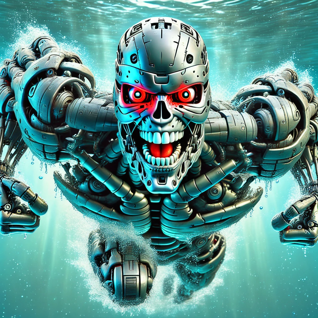 humanoid robot, 1boy, underwater, male focus, robot joints, realistic, full body, mechanical parts, solo, no humans, glowing, glowing red eyes, skull nose, open mouth, teeth, mechanical arms, mechanical hands, clenched fists, mechanical fingers, mechanical legs, mechanical feet, barefoot, water, light filtering through the water above,