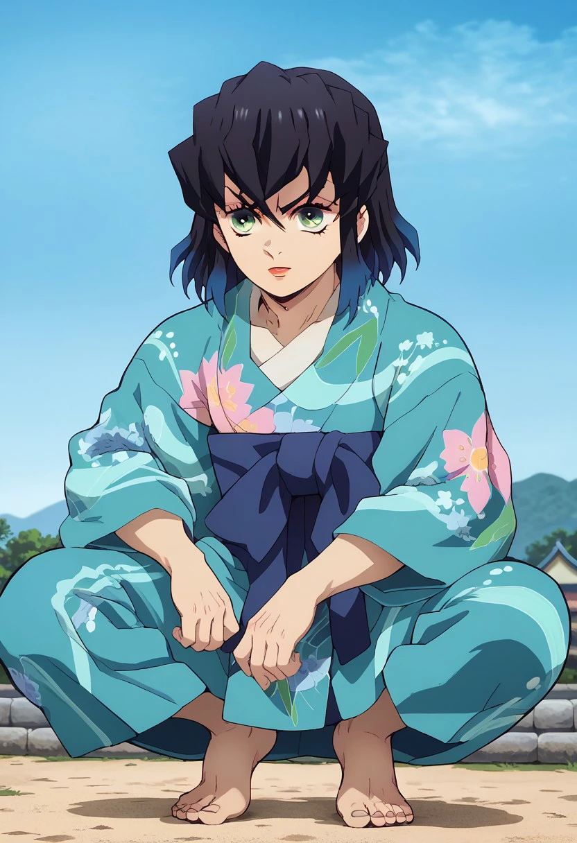 score_9, score_8_up, score_7_up, source_anime, rating_safe, InosukeDS, black-blue_Inosuke_hair, green_Inosuke_eyes, 1boy, male focus, anime screencap, pink-light blue_Inosuke_print kimono, blue_Inosuke_kimono, blue_Inosuke_obi, barefoot, squatting,