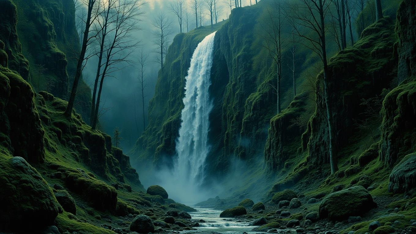 A majestic waterfall in a dense rainforest, with water cascading down moss-covered rocks
<lora:Dark_Landscapes:0.8>