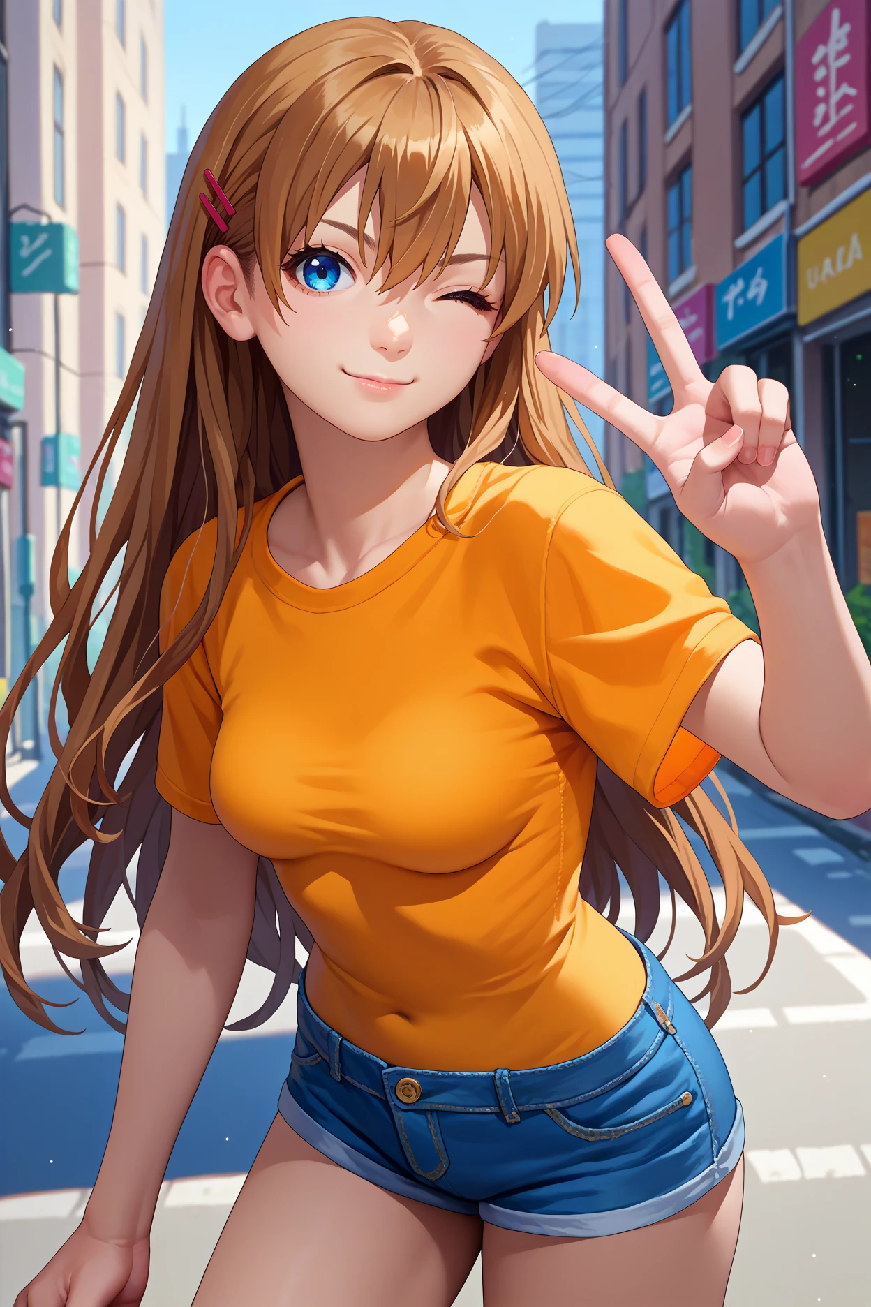 score_9, score_8_up, score_7_up, score_6_up, source_anime, 1girl, solo,  <lora:hiiragiasuka-pdxl-nvwls-v1-000005:1> txasuka, long hair, brown hair, blue eyes, hairpin, orange t-shirt, wink, peace sign, medium breasts, denim shorts, city, looking at you