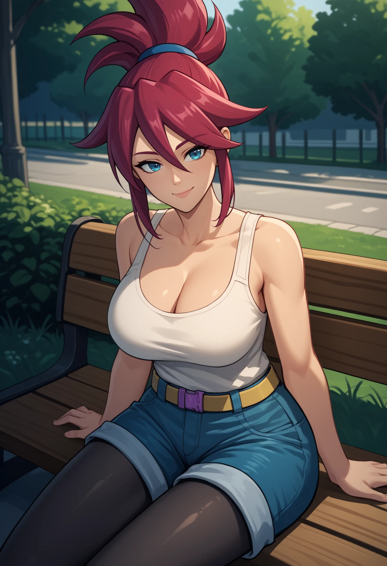 score_9, score_8_up, score_7_up, source_anime, <break> solo, 1girl, korsica, smile, looking at you, sitting, park bench, ponytail, white tank top, blue shorts, denim shorts, short shorts, belt, black pantyhose, bare shoulders, cleavage, large breasts, outdoors
<segment:yolo-face_yolov8m.pt,0.4,0.5//cid=1>