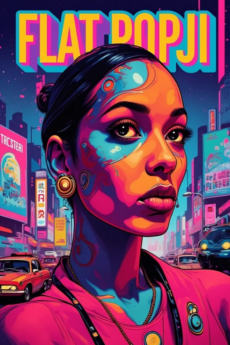 A vibrant close-up of a pinup model showcasing cybernetic enhancements like glowing tattoos, augmented eyes, and high-tech accessories. She’s posed against a cityscape with holographic ads and bustling futuristic traffic., "FLAT_POPJI" tittle in bold 3D letters on top, high contrast, Flat-Popji