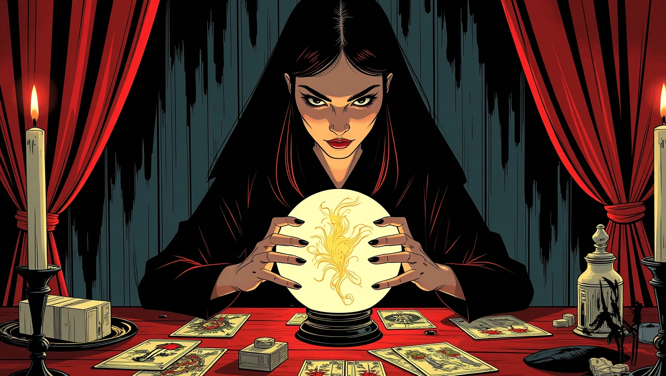 Pulp Cartoon. An enigmatic fortune teller in a dimly lit room, her hands hovering over a crystal ball. Her eyes are intense, peering into the swirling mists within the glass. The table in front of her is cluttered with tarot cards, candles, and strange artifacts, creating an atmosphere thick with mystery
<lora:The_Pulp_Session:0.7>