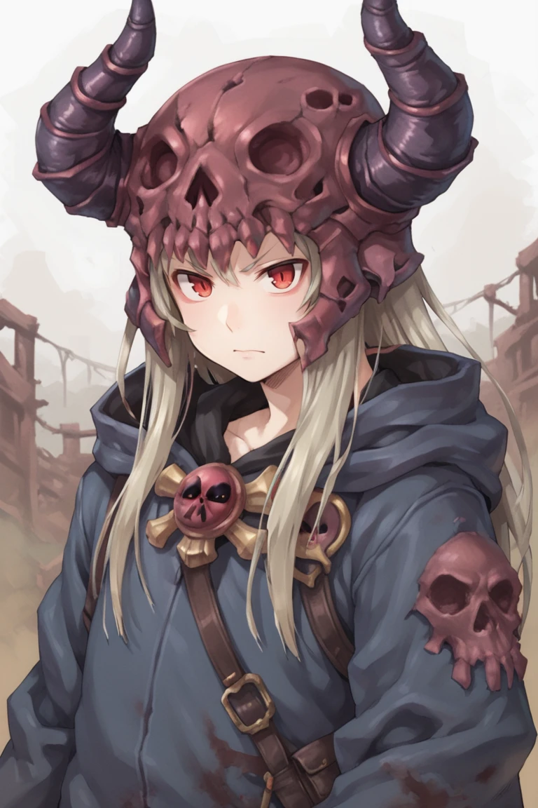 (score_9, score_8_up, score_7_up, score_6_up), source anime, BREAK, <lora:Necromancer:0.8> , necdef, 1boy, red eyes, long hair,  grey hair, horned helmet, (skull brooch), (robe), looking at viewer, solo, serious, (portrait), close-up, <lora:zy_Detailed_Backgrounds_v1:0.3> , detailed background, highly detailed, outdoors, wasteland, <lora:01lXLP:0.5> , 01l,