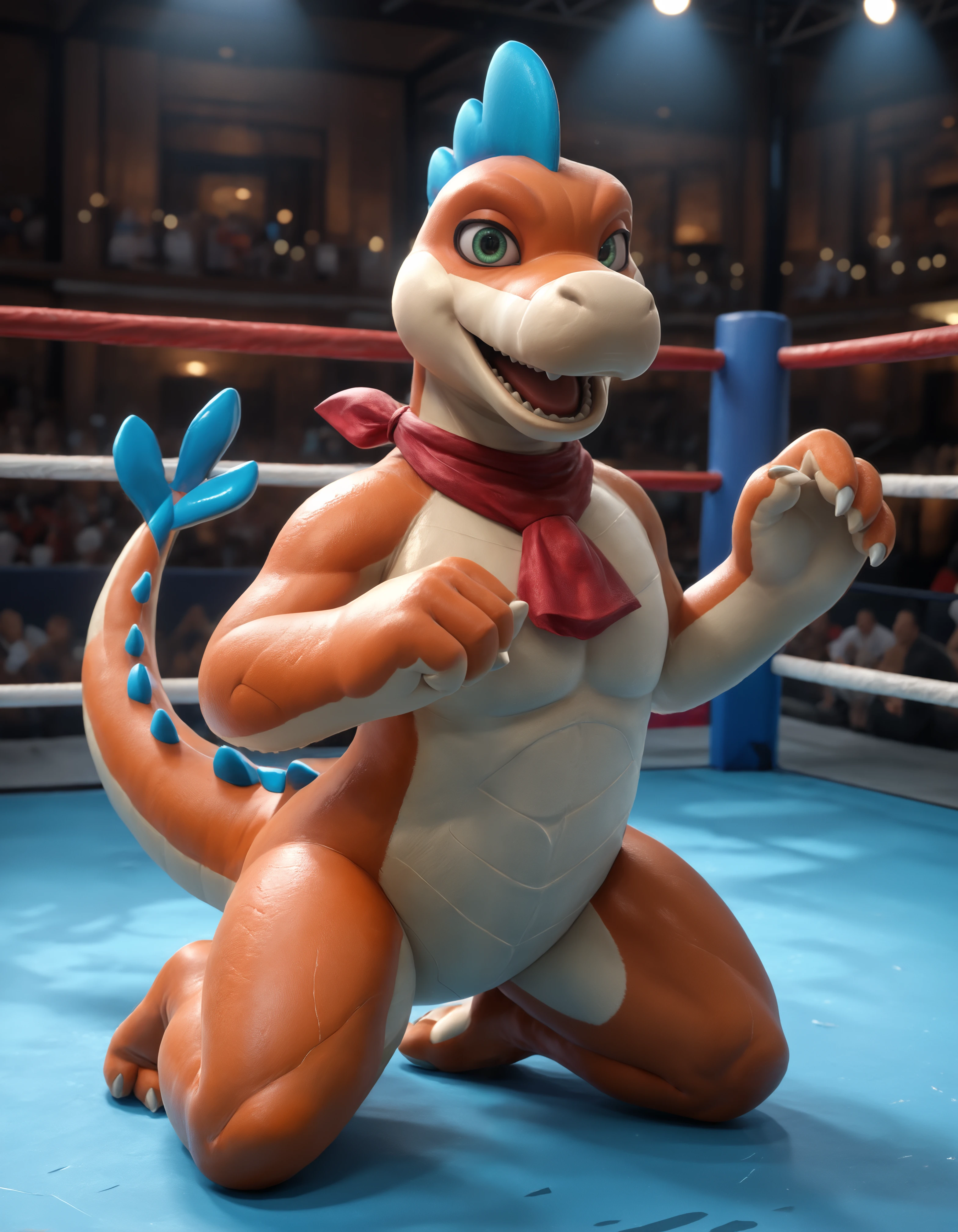 score_9, score_8_up, score_7_up, BREAK (anthro, furry:1.1), depth of field, cinematic lighting, masterpiece, (detailed teeth, detailed hands:1.25), best quality, ultra realistic, 4k, 2k, film photography, RAW photo, photorealistic, analog style, subsurface scattering, photorealism, embedding:unaestheticXL_bp5, embedding:zPDXL,(best quality, high quality, 8K:1.5), <lora:add-detail-xl:2.5>, <lora:fix_hands.safetensors:2.0>, <lora:2.5DRealisticV2.safetensors:0.3>, <lora:sinfully_stylish_SDXL.safetensors:0.6>, <lora:AdvancedEnhancerXLv2.safetensors:1.0>, (hi res), ((masterpiece)), ((best quality)), illustration, <lora:Plessie_Super_Mario.safetensors:0.8>, (furry, anthro:1.2), Plessie, dinosaur, marine, girly, plesiosaur, plesiosaurus, prehistoric species, reptile, scalie, ascot, barefoot, big nose, claws, feet, looking at viewer, male, narrowed eyes, on front, open mouth, smile, solo, tail, toe claws, green eyes, standing, biped, (fight in the ring, Japanese wrestlers, jumping techniques, delicate facial features, sexy figures, 4K:1.2)