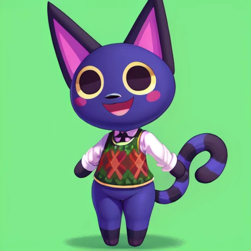 score_9_up, score_8_up, score_7_up, score_6_up, kiki \(animal crossing\), cat, argyle vest, argyle clothes, green topwear, furry, female, solo, striped tail, cat ears, smile, looking at viewer, animal ears, simple background, full body, open mouth, standing, masterpiece