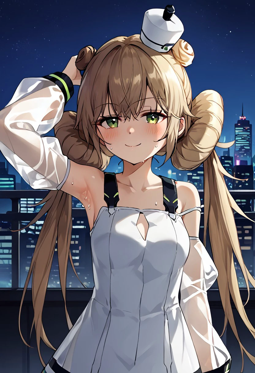 1girl, solo, highres, AlyconeEucharist, long hair, green eyes, bangs, hair bun, very long hair, double bun, twintails, brown hair, hair between eyes, blonde hair,
dress, bare shoulders, white dress, long sleeves, collarbone, see-through sleeves, clothing cutout, medium breasts, hat, upper body,
arm up, armpit, armpit focus, 
smug, blush, sweat, sweatdrop, 
looking at viewer, from side, 
night, night sky, cityscape, neon lights, rooftop, backlighting, cyberpunk, science fiction,