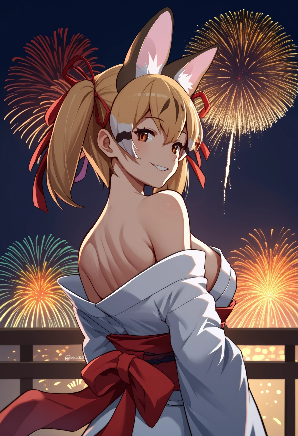 score_9, score_8_up, score_7_up, source_anime, <break> from behind, solo, 1girl, kfgenet, cat tail, smile, looking back, twintails, hair ribbon, red ribbon, animal ears, extra ears, japanese clothes, white kimono, off shoulder, red sash, bare shoulders, large breasts, fireworks
<segment:yolo-face_yolov8m.pt,0.4,0.5//cid=1>