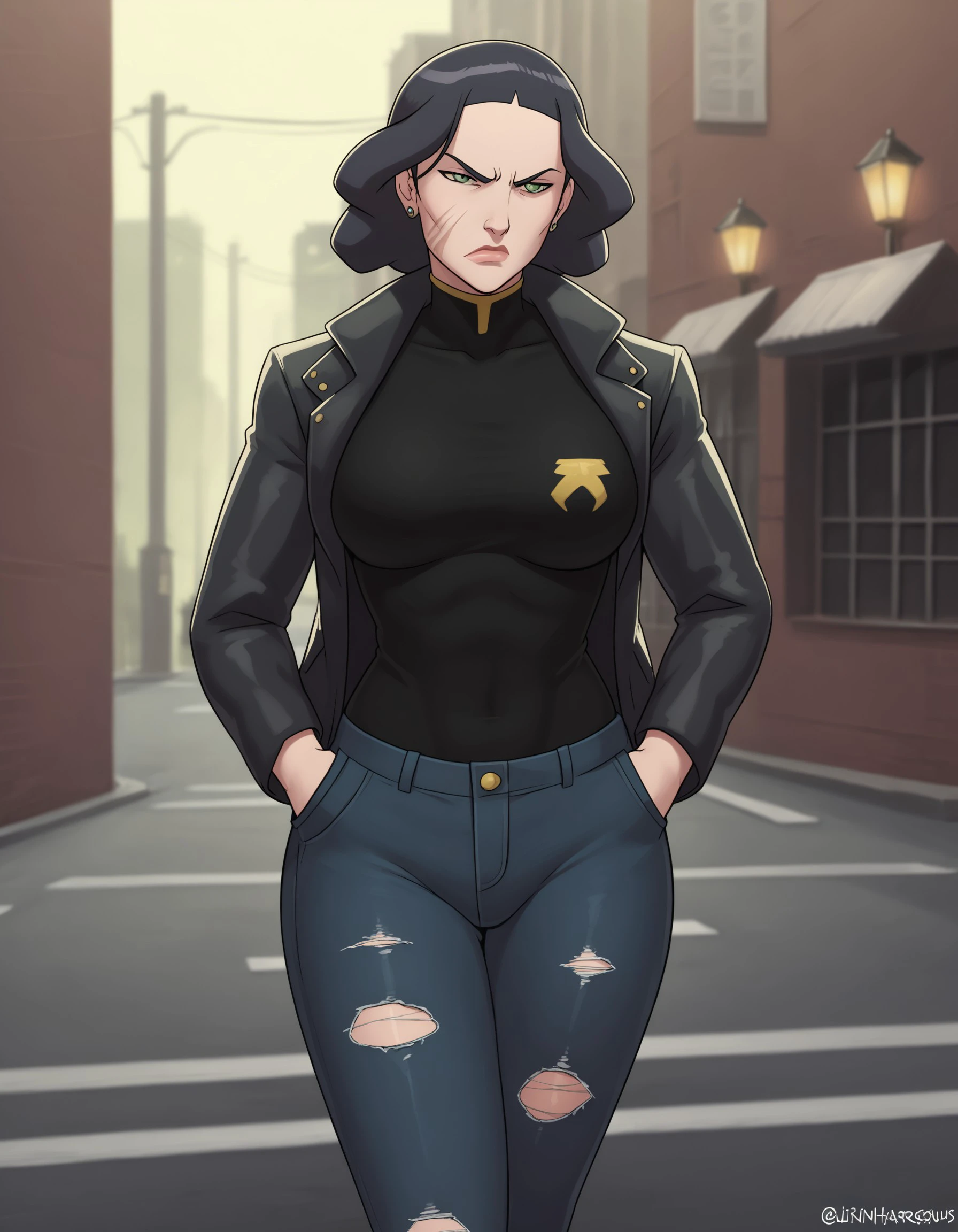 score_9, score_8_up, score_7_up, 1girl, solo, Lin Beifong, green eyes, scar, facial mark, mature female, casual city look, wearing leather jacket, ripped jeans, walking down a busy street, annoyed expression, ear piercings, street lights, urban vibe, cool demeanor, hands in pockets, urban warrior, night setting, <lora:43c9864a-51f8-4990-96cf-c4f90a39448d:0.8>