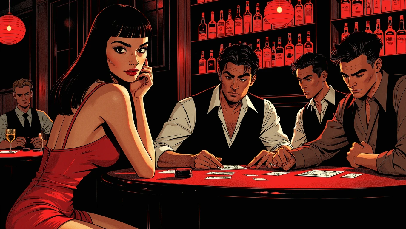 Pulp Cartoon.  A sultry woman in a red dress leans against a bar, her eyes narrowed as she watches a group of men playing cards. Her lips curl into a knowing smile as she takes a drag from her cigarette. The bar is smoky, dimly lit, and filled with dangerous characters
<lora:The_Pulp_Session:0.7>