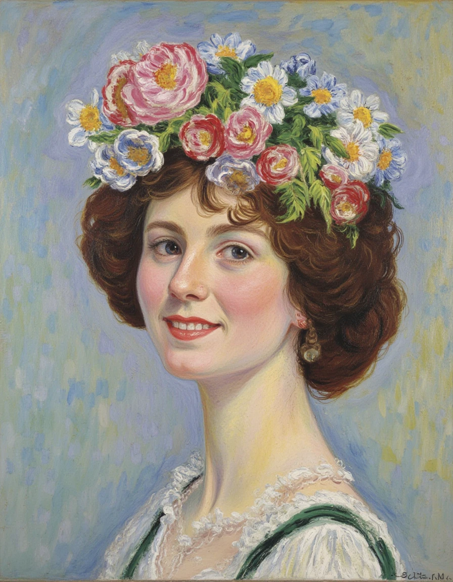 a whimsical portrait of a woman with a gentle smile, her hair adorned with flowers, by Claude Monet