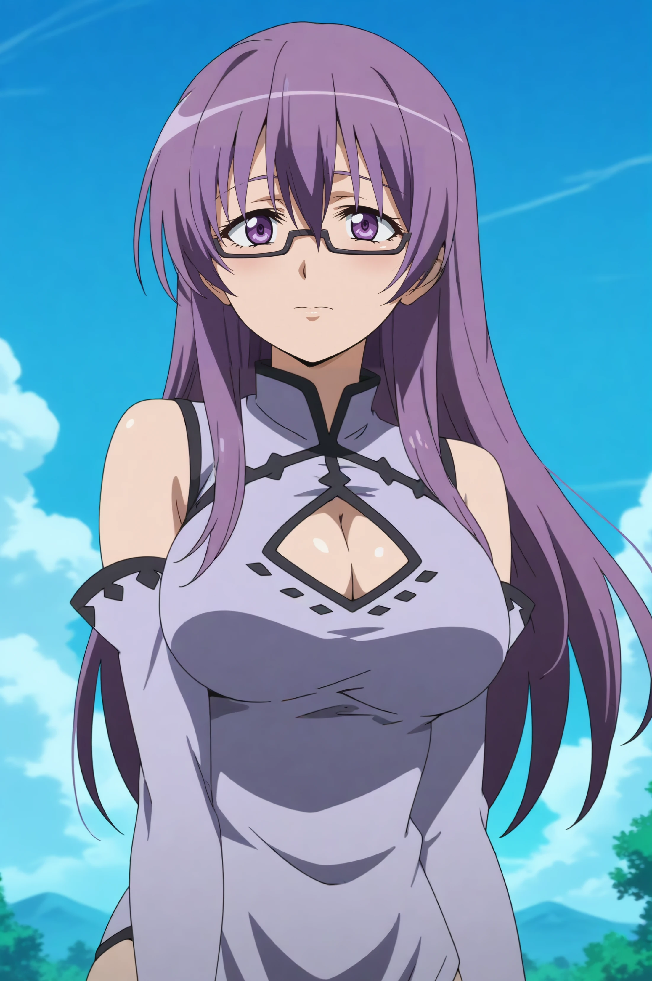 seele,anime screencap,1girl,solo,mature,glasses,long hair,breasts,cleavage,cleavage cutout,detached sleeves,large breasts,outdoors,sky,cloud <lora:Seele.safetensors:0.8>