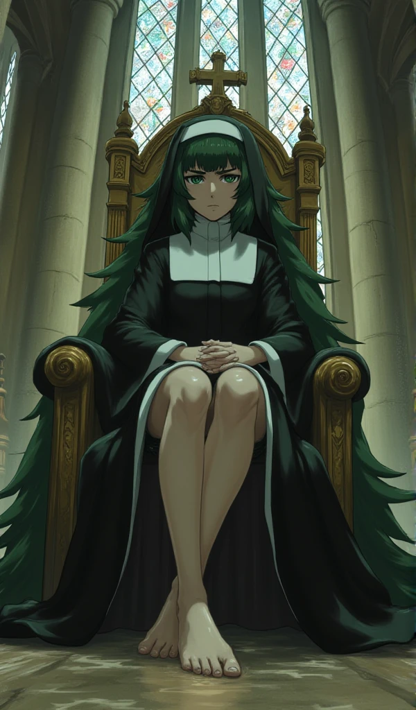 maho hiyajou sits on a throne, long green hair, wearing a sister nun clothes, looking at the viewer angry, with her hands crossed, , the background of a beautiful church, gothic style, camera from below, with her naked feet, wet feet, the camera focuses on her feet