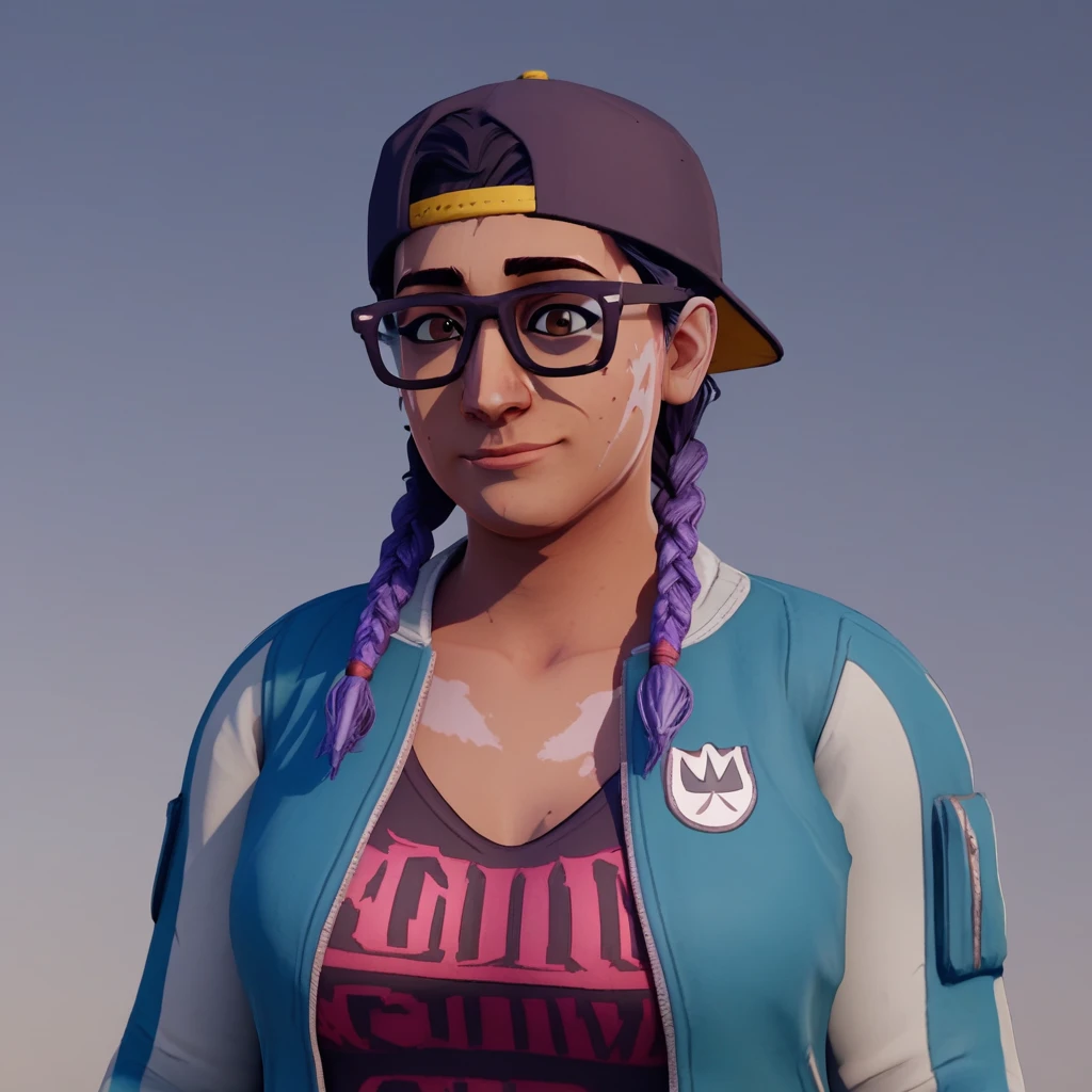 score_9_up, score_8_up, BREAK, 1girl, solo, SaiDustborn, black hair, twin braids, brown eyes, purple hair, black-framed eyewear, baseball cap, backwards hat, shirt, jacket, upper body,  <lora:SAI_Dustborn_PXL_Leaf1:0.8>, front view, light smile, gradient background, 3d,