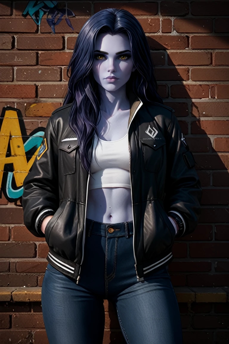 score_9, score_8_up, score_7_up
<lora:OWidowM:1.0>
OWidowM, 1girl, black hair, long hair, colored skin, purple skin, yellow eyes, looking at viewer, leaning against a brick wall, hands in jacket pockets, urban alleyway with graffiti art, moody lighting with shadows, edgy and modern vibe