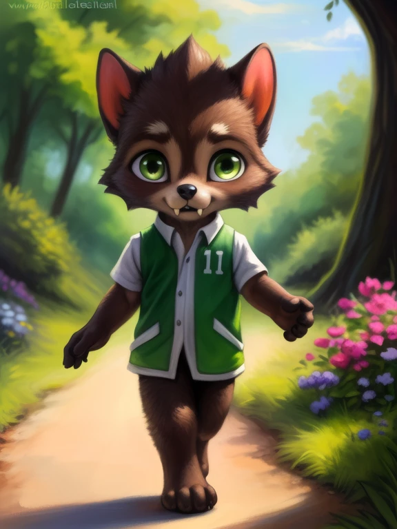 <lora:LoboSupMonYif:0.8> LoboSupMon, werewolf, green eyes, white shirt, green vest, fangs, chibi,
Looks at the viewer,    (( walking, ))
[ large window, (nature), forest, grass, day shining, clouds, flowers, blanket, blue pillows, ](solo focus),
(beautiful, aesthetic, perfect, delicate, intricate, saturated colors), masterpiece, digital drawing, best quality,
[by kenket|by totesfleisch8], by thebigslick:by silverfox5213:0.8], [by syuro, by paloma-paloma::0.2, (Tricksta, TotesFleisch8)