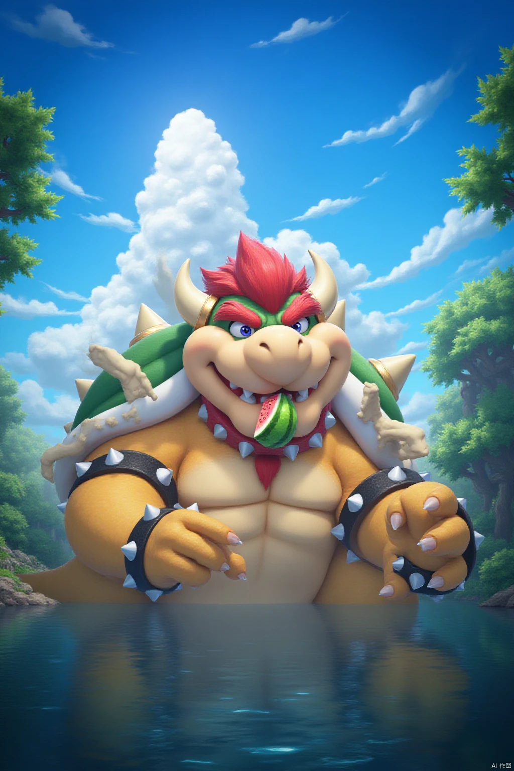 (((masterpiece))), ((extremely detailed CG unity 8k wallpaper)), best quality, high resolution illustration, Amazing, highres, intricate detail, (best illumination, best shadow, an extremely delicate and beautiful),

Bowser eating watermelon, scenery, outdoors, sky, cloud, no humans, water, blue sky, tree