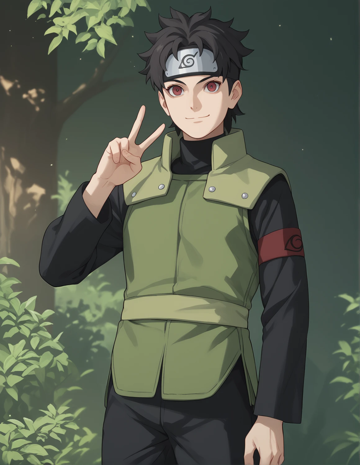 score_9, score_8_up, score_7_up, score_6_up, score_5_up, score_4_up, MiraiSarutobi, looking at viewer, forehead protector, konohagakure symbol, vest, long sleeves, black pants, smile, closed mouth, (V)   <lora:MiraiSarutobiponiXL2:0.9>