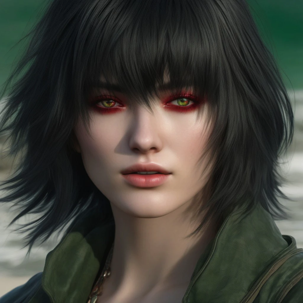 ultra hyper detailed full body of a woman that looks like Lady from Devil May Cry 5 video game with black hair, at the beach, sitting on a beach chair, looking at the viewer, wearing only a bikini, ultra hyper detailed face features showing one green eye and one red eye, Heterochromia condition,  fullbody wide shot, cinematic volumetric lighting, ultra hyper realistic image shot with Sony Fx6