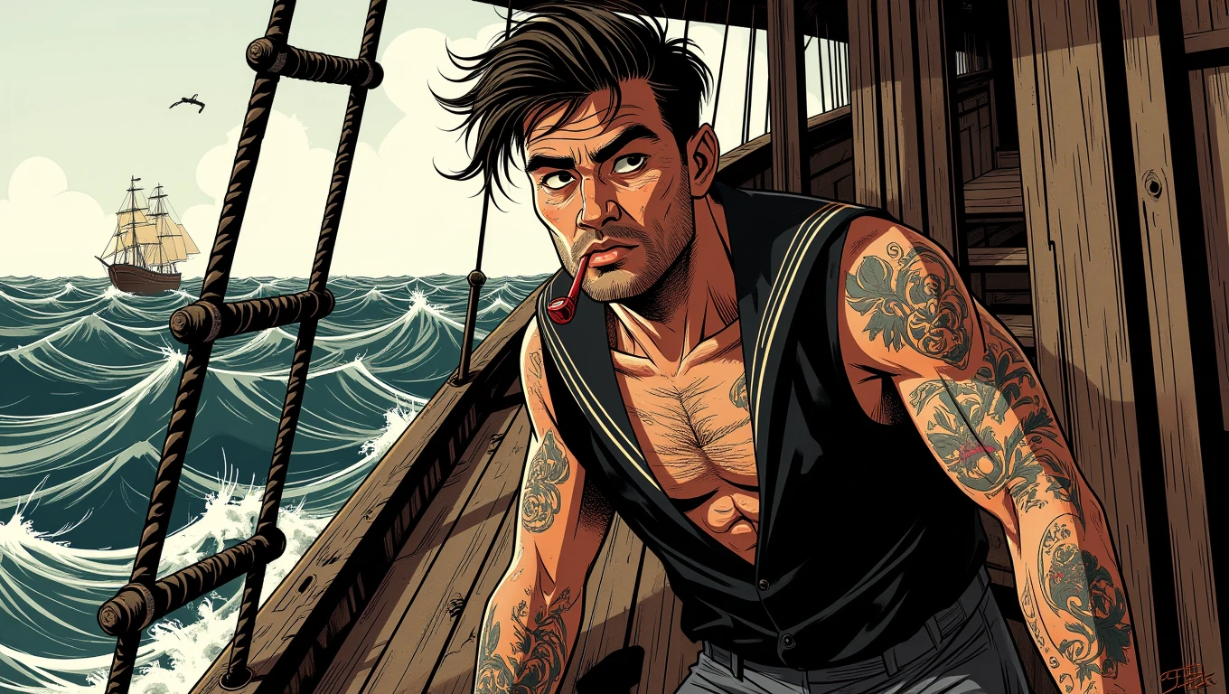 Pulp Cartoon. A grizzled sailor with tattoos covering his arms and chest, standing on the deck of a weathered ship. The sea is rough, and the wind whips through his hair, but he remains steady, his eyes fixed on the horizon. A pipe clenched between his teeth adds to his rugged appearance
<lora:The_Pulp_Session:0.7>