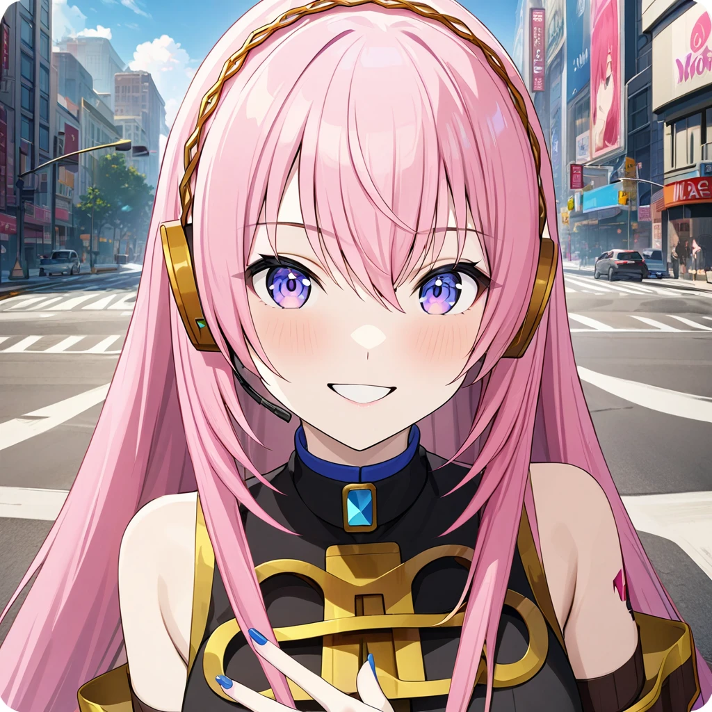 1girl, megurine luka, vocaroid, masterpiece, very aesthetic, absurdres, official art, newest,
solo, pink very long hair, blue eyes, nail polish,
looking at viewer, smiling,  upper body, face focus, BREAK
beautiful blue sky, intersection, day, skyscraper, 
<lora:sdxl-vs-DefaultLuka01:1:lbw=0,0,0.2,0.2,0,0.4,0.4,0,0.8,0.8,0,0,0,0.8,0.8,0.6,0.8,0.0,0.0,0.0,0,0,0,0,0,0>