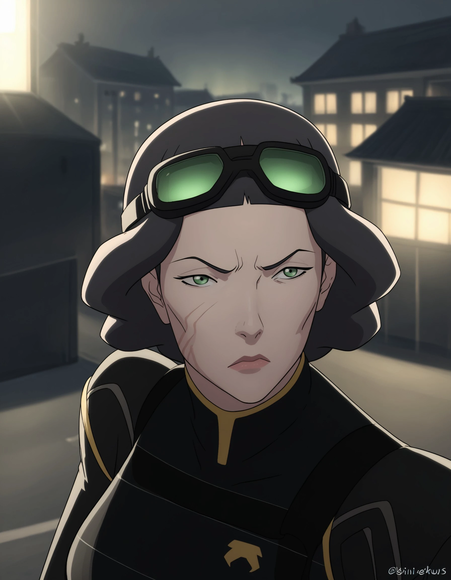 score_9, score_8_up, score_7_up, 1girl, solo, Lin Beifong, green eyes, scar, facial mark, mature woman, stealth mode, dressed in black tactical gear, night vision goggles on head, sneaking through shadows, tense expression, rooftop setting, city lights in background, moonlight, silent and focused, action-packed, <lora:43c9864a-51f8-4990-96cf-c4f90a39448d:0.8>