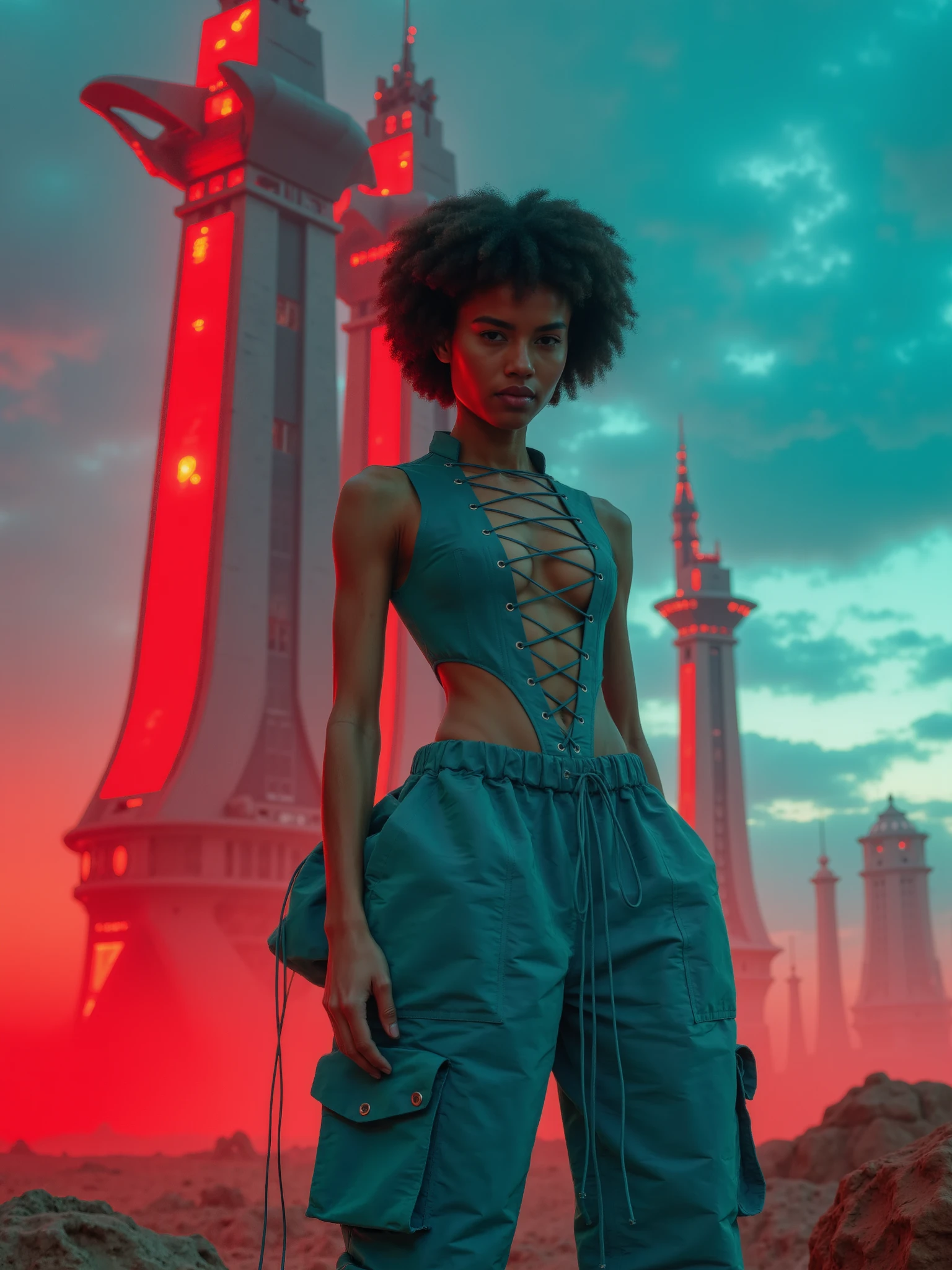 LaQuan,  a striking fashion editorial image featuring an Afro-American model wearing a LaQuan teal outfit that combines futuristic style with bold design elements. The outfit includes a lace-up corset top with rivet detailing along the edges, paired with matching cargo pants that have a relaxed fit and multiple pockets. The pants are cinched at the waist with a drawstring and taper at the ankles, blending comfort with a modern, utilitarian silhouette.

The model is set against a surreal, sci-fi-inspired landscape dominated by a colossal, futuristic structure resembling a giant robotic face integrated into a towering, arch-like building. The structure emits a glowing red light from its core, casting an eerie, otherworldly glow across the scene. The sky is filled with swirling clouds and distant planets, enhancing the alien atmosphere.

The teal outfit contrasts vividly with the intense reds and dark tones of the background, creating a dynamic interplay of color and form. The overall composition should evoke a sense of futuristic mysticism, blending high fashion with a fantastical, sci-fi setting that feels both haunting and visually captivating.