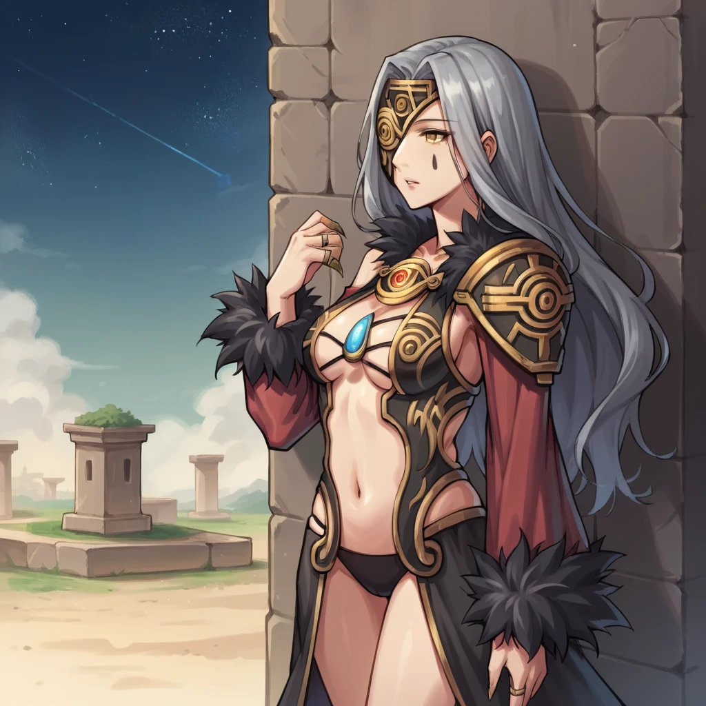 score_9_up, score_8_up, score_7_up, source_anime, masterpiece, best quality, 1girl, solo, Hilder, starry sky, night sky, glyphs, standing, from side, hand on wall, looking at ancient glyph, side ponytail, curious, parted lips, long hair, grey hair, one eye covered, eye mask, yellow eye, black dress, teardrop tattoo, facial mark, center opening, navel, fur trim, revealing dress, chest strap, chest gem, long sleeves, fur-trimmed sleeves, shoulder armor, red sleeves, side cutout, claw ring, long skirt, white skirt, black skirt, thigh cutout, black panties, mature body, dynamic cowboy shot, outdoors, ancient ruins background