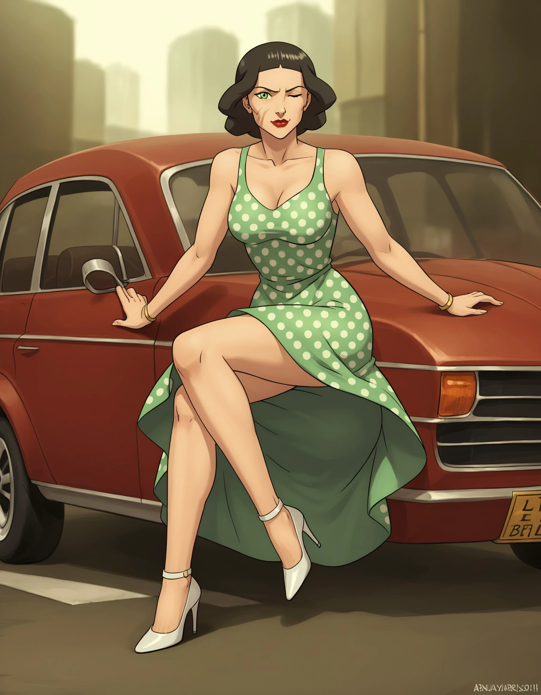 score_9, score_8_up, score_7_up, 1girl, solo, Lin Beifong, green eyes, scar, facial mark, mature woman, vintage pin-up style, retro hairstyle, polka dot dress, high heels, playful pose, winking, classic red lips, vintage car in background, 1950s vibe, nostalgic feel, artistic lighting, <lora:43c9864a-51f8-4990-96cf-c4f90a39448d:0.8>