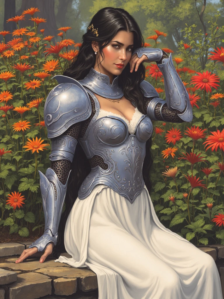 burda style illustration, grungetech, portrayal of a female figure in a garden setting. She is adorned in ornate silver armor with intricate designs complemented by a flowing white dress. Her long dark hair cascades down her back and she is depicted in a contemplative pose resting her head on her hand. The garden is lush with vibrant orange and red flowers and the background is a blend of green foliage and a hint of a stone wall. The color palette is rich and warm with the metallic sheen of her armor contrasting against the bright hues of the flowers and the earthy tones of the garden <lora:SXZ_Burda_Flux:1>